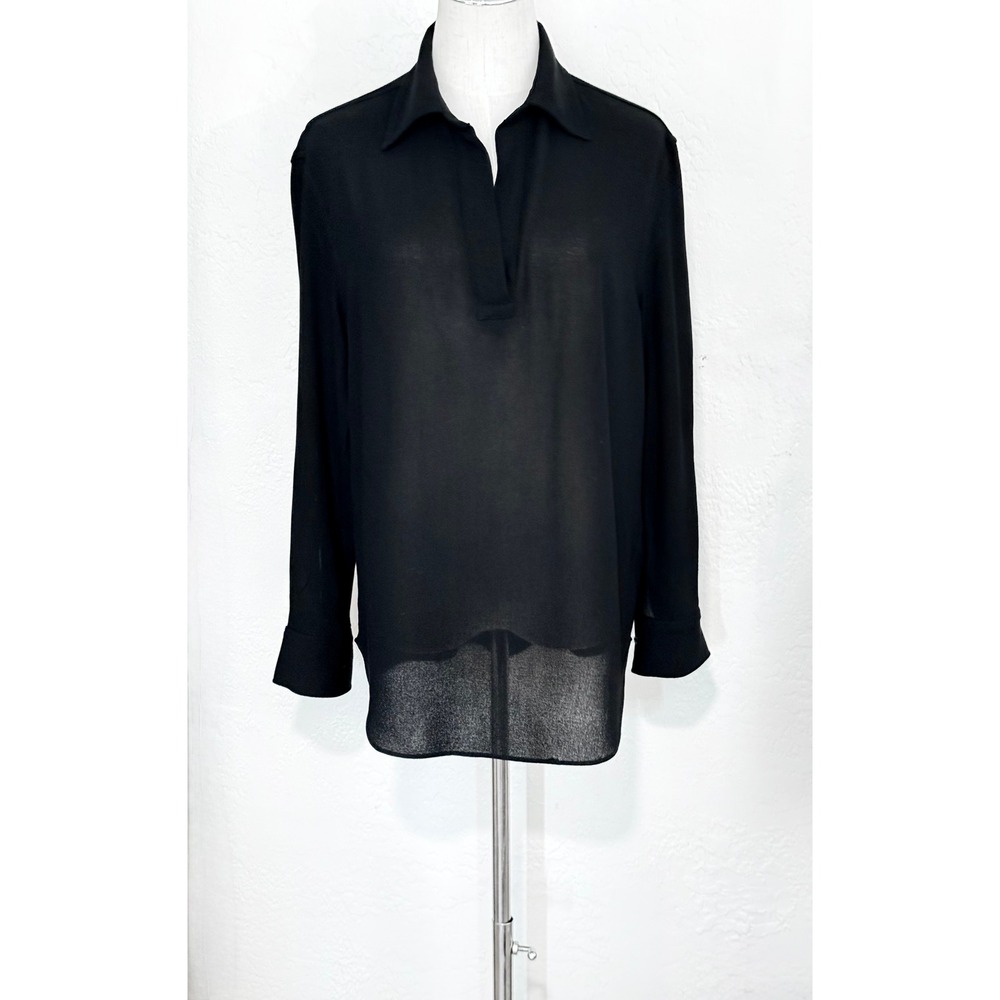 Zara Blouse Small Black V-Neck Long Sleeve Collared Top